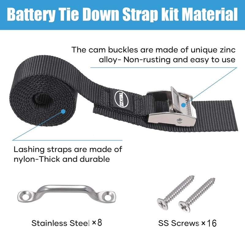 EXVITAL Battery Tie Down Strap Hold Down Kit, 1" x 48" Cooler Tie Down Kit with Non-Rusting Cam Buckle, Stainless Steel Bracket & SS Screws for RV Battery,Luggage Belt (4 Pack) - Image 2